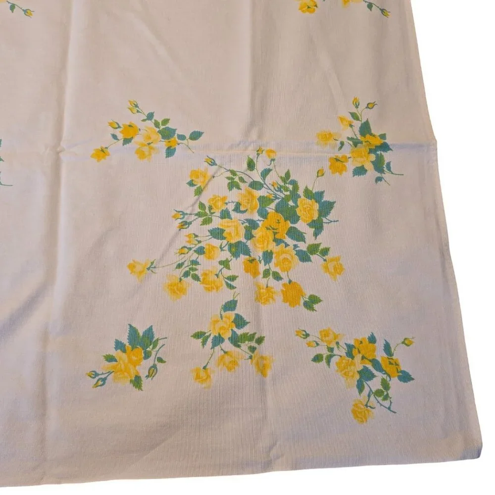 Vintage Floral Tablecloth 53x65 Yellow Roses Mid-Century Country Cottage Style